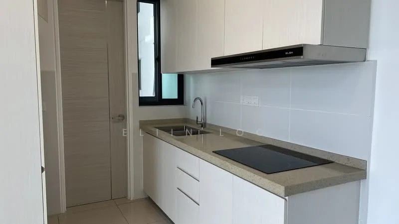 Kitchen features: white cabinetry, granite countertop, stainless-steel sink, chrome pull-down faucet, built-in cooktop, wall-mounted range hood, tile backsplash, ceramic tile flooring, window for natural light, light-colored walls, modern cabinet handles; style: modern.
