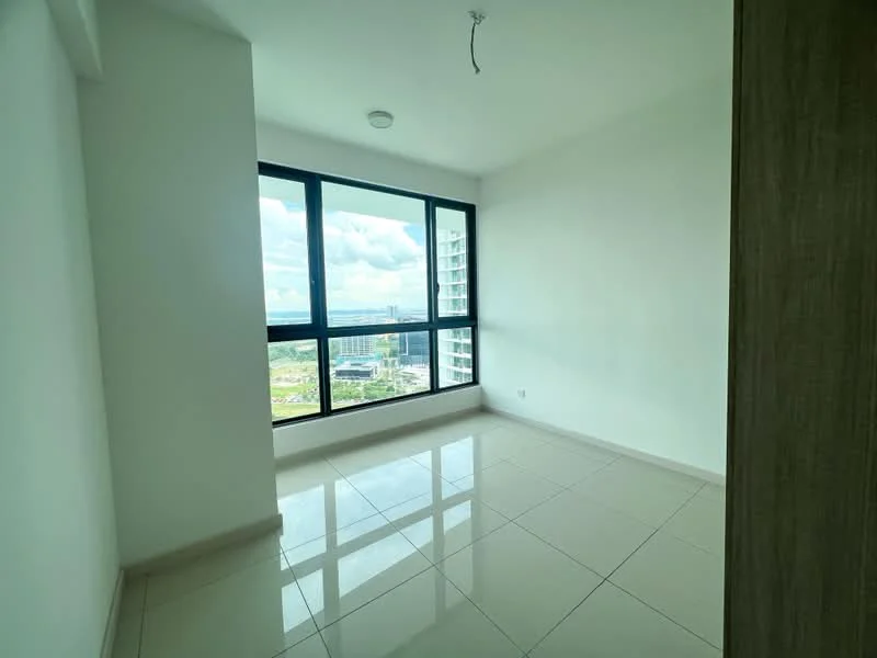 Room features: white painted walls, glossy ceramic tile flooring, floor-to-ceiling windows, city view, recessed ceiling light, single ceiling light fixture, neutral color scheme; style: modern; view: city.