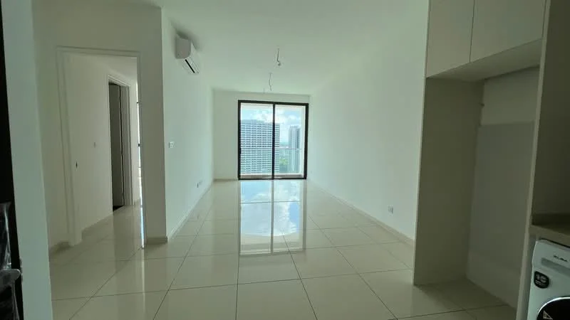 Living features: white painted walls, glossy tile flooring, floor-to-ceiling windows, city view, 1 wall-mounted split AC, recessed downlights, neutral color scheme, open layout; style: modern; view: city.