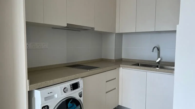 Kitchen features: white cabinetry, granite countertop, stainless-steel sink, chrome pull-down faucet, built-in oven, ceramic tile backsplash, washing machine, under-cabinet lighting, flat-panel cabinet doors, kitchen island, electric cooktop; style: modern.