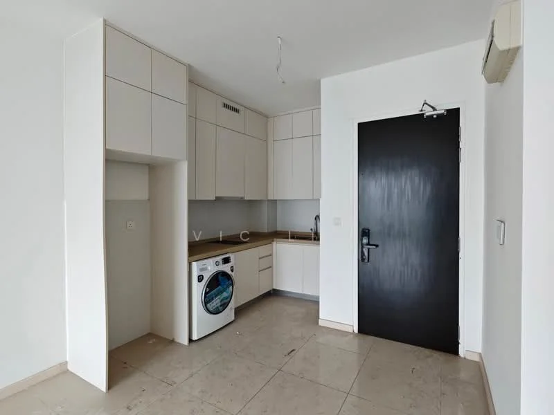 Laundry features: white cabinetry, grey countertop, front-load washing machine, cream tiled flooring, black door, wall-mounted air conditioning unit, white painted walls, single light fixture; style: modern.