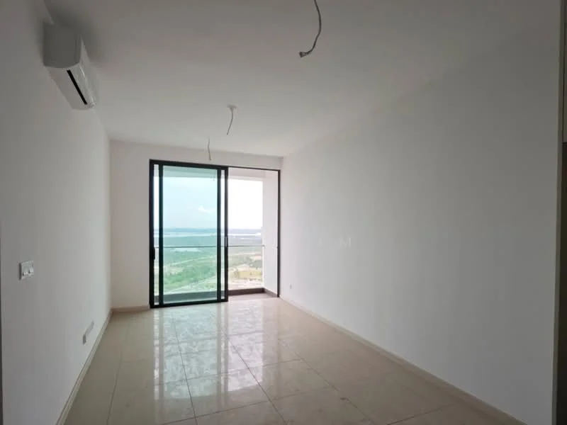 Room features: white painted walls, glossy tile flooring, floor-to-ceiling windows, sliding glass door, 1 wall-mounted split AC, natural light from large window, unfurnished space, view of landscape; style: modern; view: landscape.