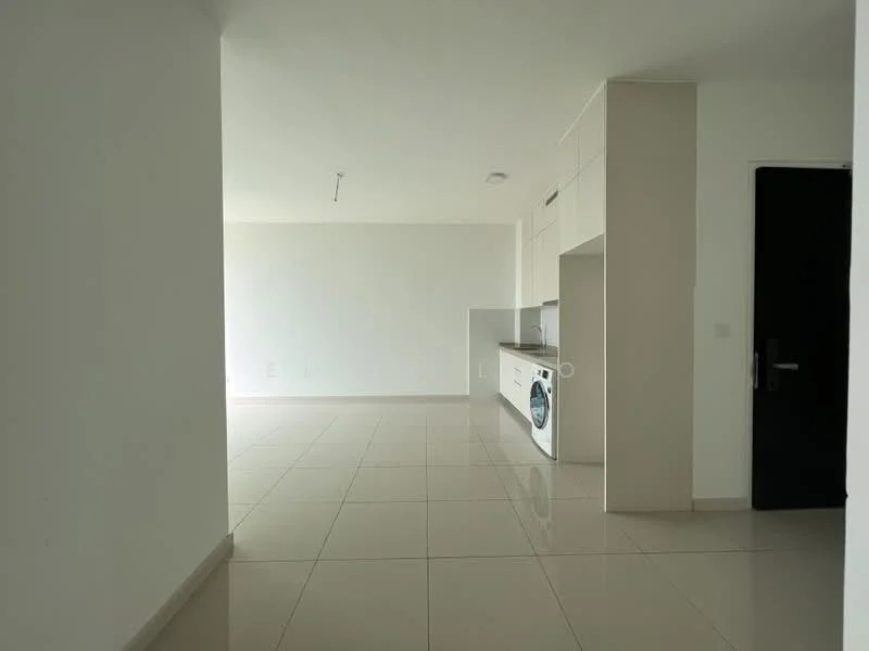 Room features: white painted walls, glossy ceramic tile flooring, kitchen cabinetry, built-in washing machine, open layout, recessed ceiling lights, neutral color scheme, single door, no visible appliances other than washing machine; style: modern.