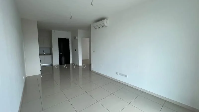 Living features: white painted walls, glossy ceramic tile flooring, 1 wall-mounted split AC, recessed downlights, open layout, large windows, neutral color scheme, no visible furniture; style: modern. Kitchen features: white cabinetry, countertop, stainless-steel sink, built-in appliances, open to living area; style: modern.