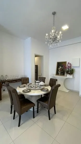 Dining features: round dining table with marble top, 8 upholstered dining chairs in brown, chandelier with multiple bulbs, white painted walls, ceramic tile flooring, decorative artwork on wall, floral arrangement in vase, sideboard with glassware; style: modern.