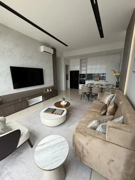 Living features: beige fabric sofa, 3-seater sofa, coffee table with marble top, TV console with built-in storage, wall-mounted TV, recessed ceiling lights, air conditioning unit, decorative wall with grey texture, area rug, side table, decorative cushions; style: modern. Kitchen features: white cabinetry, black appliances, kitchen island with seating, stainless-steel fridge, built-in oven, ceramic cooktop, microwave, open shelving; style: modern.