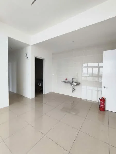 Room features: white painted walls, glossy beige tile flooring, single stainless-steel sink, wall-mounted faucet, fire extinguisher, open layout, large windows for natural light, doorway leading to another room; style: modern; view: city.