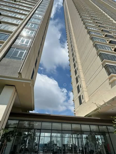 Exterior type: high-rise condominium; features: glass curtain wall, cream painted facade, two tall towers, open-air lobby area, surrounded by greenery, clear blue sky, modern architectural design; style: modern.