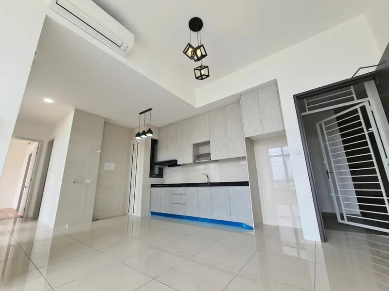 Kitchen features: white cabinetry, black countertop, built-in oven, stainless-steel sink, chrome pull-down faucet, recessed downlights, pendant lighting, ceramic tile flooring, wall-mounted split AC; style: modern. Living features: open layout, ceramic tile flooring, recessed downlights, pendant lighting; style: modern.