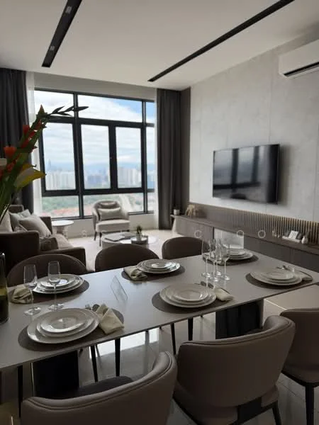 Dining features: 6-seater dining table, grey upholstered dining chairs, white dinner plates, wine glasses, cutlery, table runner, decorative vase with flowers; style: modern; view: city. Living features: sofa in light beige, armchair, wall-mounted TV, media console, floor-to-ceiling windows, curtains, decorative wall paneling, air conditioning unit; style: modern; view: city.