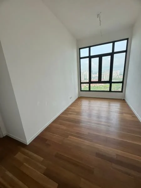 Room features: white painted walls, wooden flooring, floor-to-ceiling windows, city view, natural light, minimalist design, no visible furniture, single light fixture; style: modern; view: city.