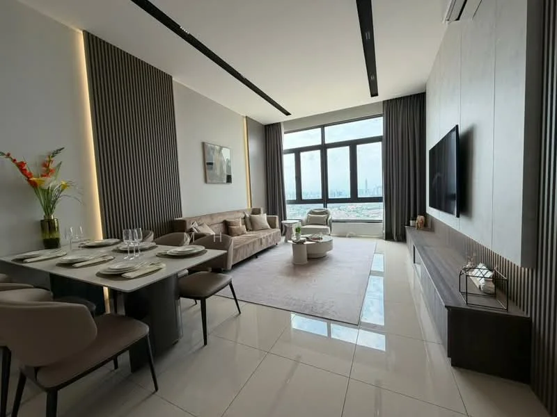 Living features: large floor-to-ceiling windows, city skyline view, light grey upholstered sofa, white coffee table, flat-screen TV mounted on wall, wooden TV console, cream area rug, recessed ceiling lights, decorative wall paneling, dining table with four chairs, vase with flowers on dining table, neutral painted walls, glossy tile flooring; style: modern; view: city.