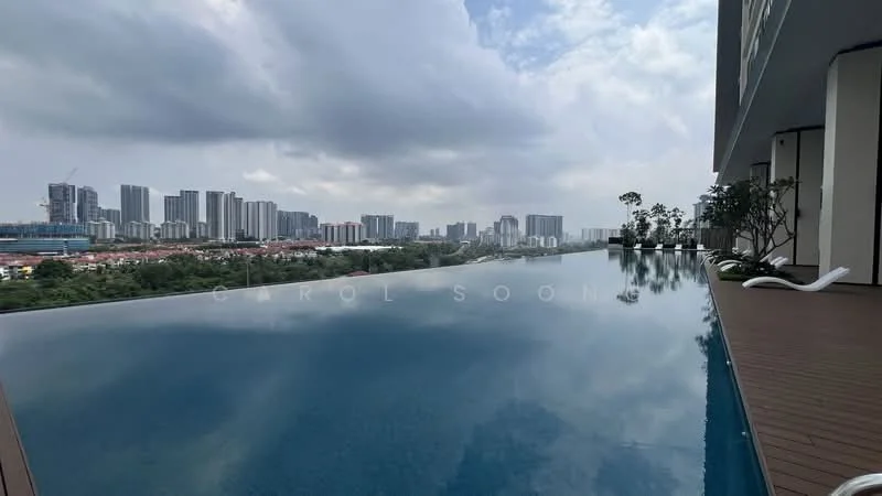 Exterior type: high-rise condominium; features: infinity pool, pool deck with loungers, city skyline view, surrounded by greenery, modern architectural design, glass railing, wooden decking; style: modern.
