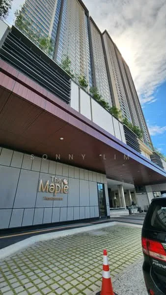 Exterior type: high-rise condominium; features: glass curtain wall, white painted facade, wood paneling at entrance, recessed balconies, landscaped planters, paved driveway, parking area, signage for The Maple, modern architectural design; style: modern.