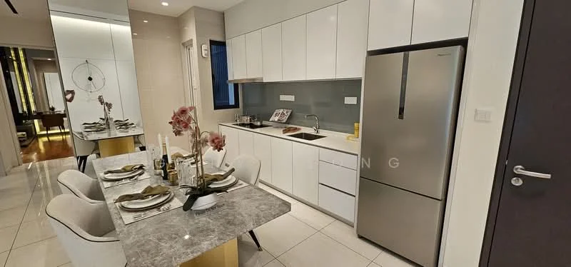 Kitchen features: white shaker cabinets, grey marble countertop, stainless-steel fridge, built-in oven, 4-burner gas hob, single-bowl stainless-steel sink, chrome pull-down faucet, white tiled backsplash, recessed downlights, floor-to-ceiling windows, dining table with grey marble top, upholstered dining chairs, decorative vase with flowers, table setting with plates and cutlery; style: modern.