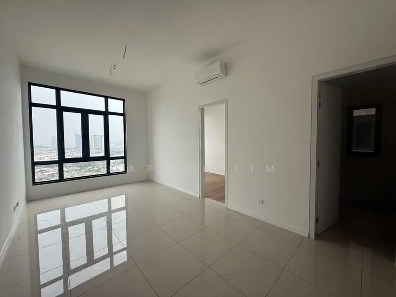 Living features: large floor-to-ceiling windows, white painted walls, glossy ceramic tile flooring, 1 wall-mounted split AC, recessed ceiling lights, neutral color palette, city skyline view, open layout; style: modern; view: city. Room features: white painted walls, wood flooring, doorway leading to another room.