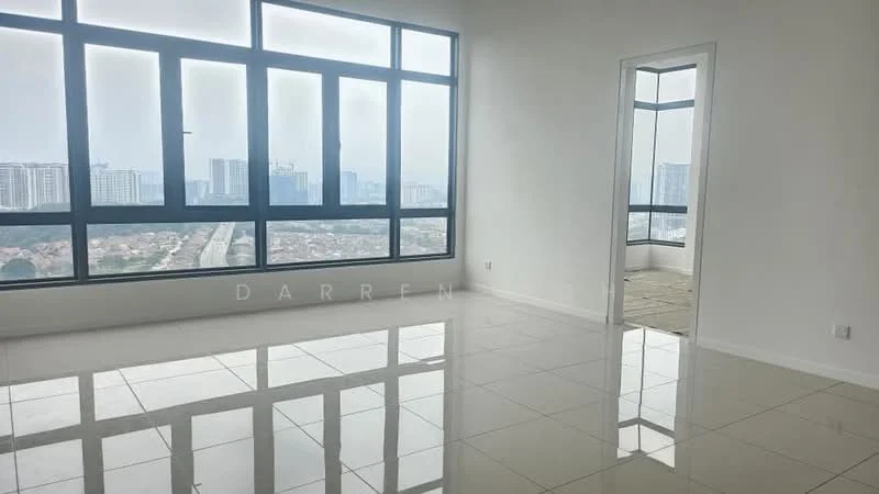 Room features: large floor-to-ceiling windows, white painted walls, glossy tile flooring, city skyline view, natural light flooding the room, minimalist design, neutral color palette, open space layout; style: modern; view: city.
