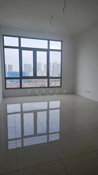 Living features: large floor-to-ceiling windows, white painted walls, glossy ceramic tile flooring, city skyline view, no visible furniture, minimalist design, high ceiling, natural light; style: modern; view: city.