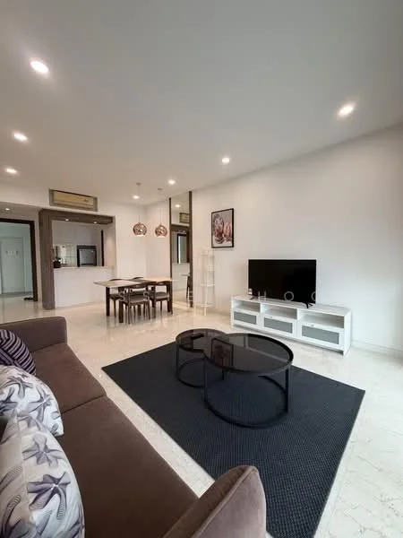 Living features: 3-seater fabric sofa in brown, coffee table with glass top, area rug in dark color, wall-mounted TV, TV console in white, dining table for 4 with wooden chairs, pendant lighting fixtures, marble tile flooring, white painted walls, open layout to kitchen, decorative artwork on wall; style: modern.