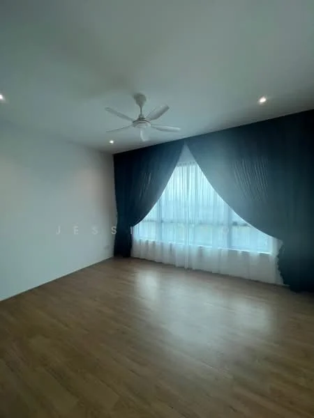 Room features: wooden flooring, white painted walls, ceiling fan, floor-to-ceiling windows, black curtains, sheer curtains, recessed downlights; style: modern.