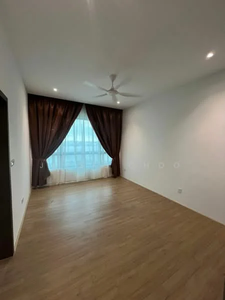 Room features: light wood flooring, white painted walls, ceiling fan, floor-to-ceiling windows, sheer curtains, dark brown curtains, recessed downlights; style: modern; view: city.