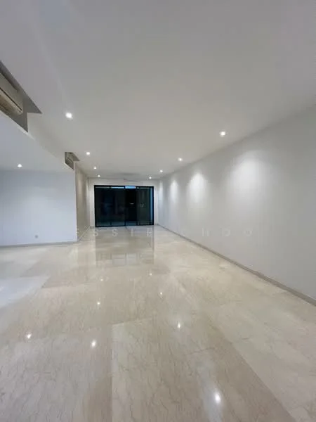 Room features: white painted walls, marble tile flooring, recessed LED downlights, large glass sliding doors, open layout, smooth ceiling, no visible furniture, neutral color scheme; style: modern.