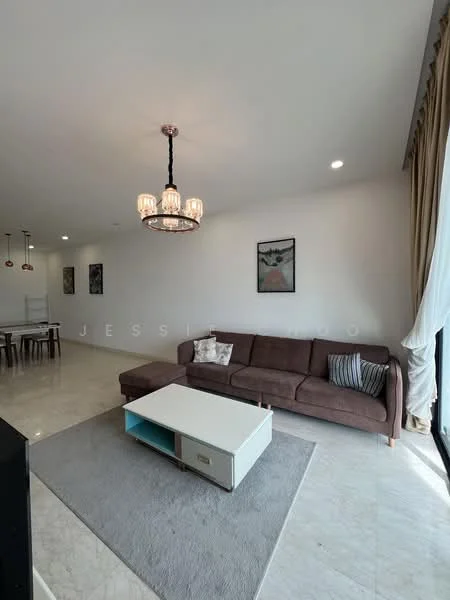 Living features: 3-seater fabric sofa in brown, coffee table with storage, area rug with solid pattern, chandelier with multiple bulbs, floor-to-ceiling windows, curtains in light fabric, marble tile flooring, white painted walls, wall-mounted artwork; style: modern.