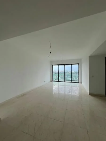 Living features: white painted walls, marble tile flooring, sliding glass door, floor-to-ceiling windows, high ceiling, unfurnished space, natural light, city view; style: modern; view: city.