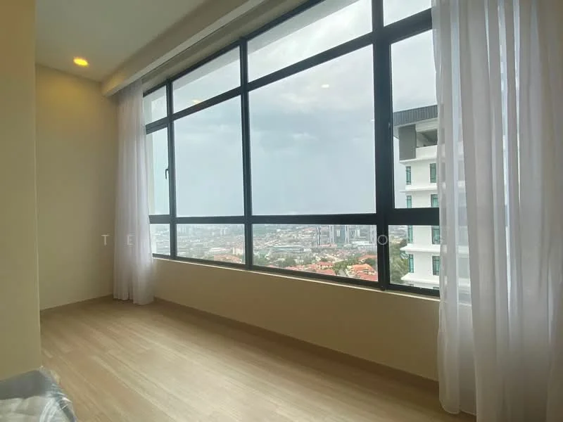 Room features: large floor-to-ceiling windows, sheer white curtains, light wood flooring, neutral painted walls, city skyline view; style: modern; view: city.