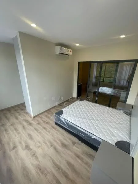 Bedroom features: wooden flooring, light grey painted walls, 1 wall-mounted split AC, floor-to-ceiling sliding glass door, blackout curtains, queen-size bed, bedside table, built-in wardrobe, recessed downlights; style: modern; view: garden.