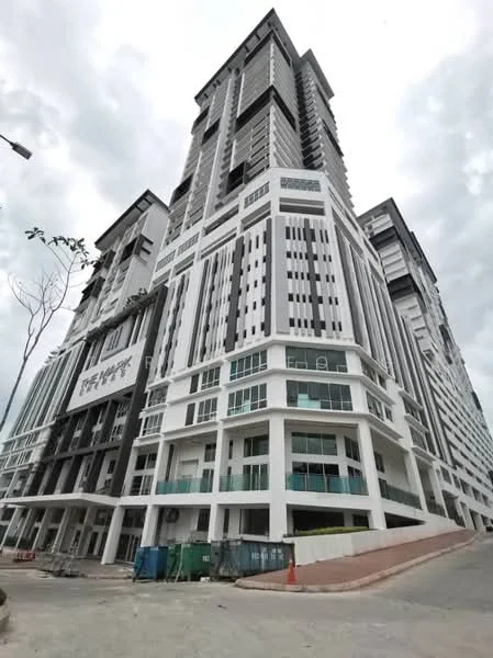 Exterior type: high-rise condominium; features: glass curtain wall, white painted facade, black accent panels, recessed balconies, multiple storeys, large windows, modern architectural design, concrete structure; style: modern.