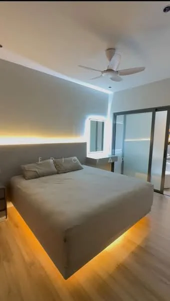 Bedroom features: king-size bed, upholstered headboard, bedside lamps, wooden flooring, ceiling fan with light, wall-mounted mirror, built-in wardrobe with sliding doors, ambient LED lighting under bed, neutral wall color; style: modern.