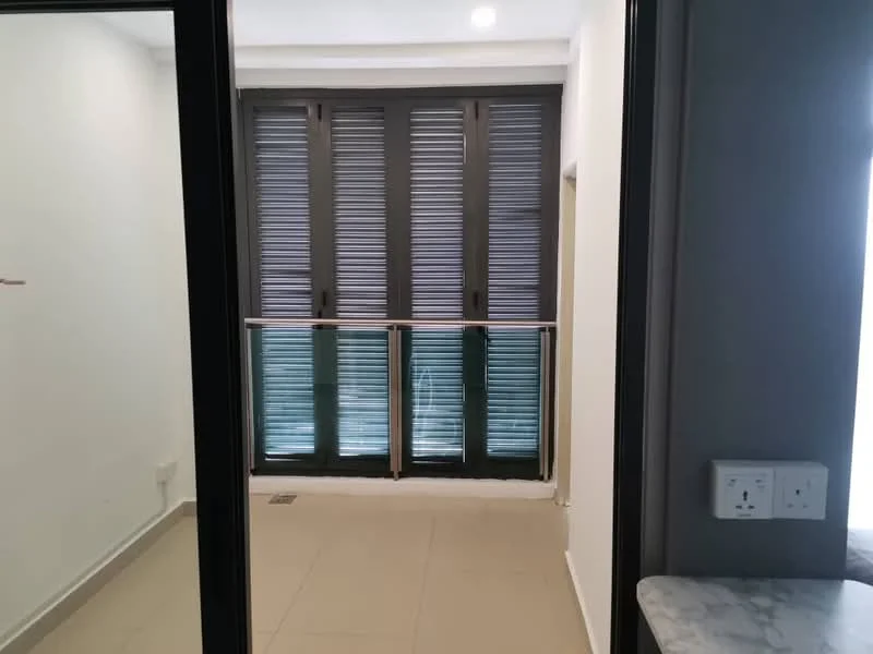 Room features: white painted walls, sliding glass door, floor-to-ceiling windows, black window shutters, tile flooring, light ceiling, power outlet, marble countertop.