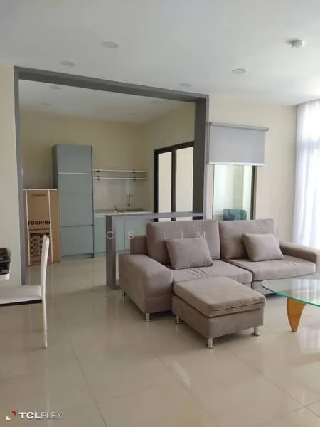 Living features: L-shape sectional sofa in light grey, glass coffee table, floor-to-ceiling windows, sheer roller blinds, cream painted walls, tile flooring, recessed downlights, open layout to kitchen, neutral decor; style: modern. Kitchen features: stainless-steel fridge, built-in kitchen cabinets, white countertop, ceramic tile backsplash, single-bowl stainless-steel sink, chrome pull-down faucet, freestanding oven, open layout to living area; style: modern.