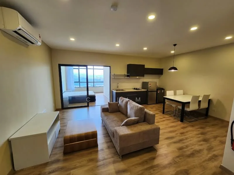 Living features: 3-seater fabric sofa in beige, coffee table, TV console, wall-mounted TV, wooden flooring, 1 wall-mounted split AC, recessed LED downlights, open-plan layout, large sliding glass door, floor-to-ceiling windows, view of city skyline; style: modern; view: city. Kitchen features: stainless-steel fridge, built-in oven, freestanding range oven, single-bowl stainless-steel sink, chrome pull-down faucet, black cabinetry, white countertops, open shelving, recessed LED downlights; style: modern. Dining features: 4-seater dining table, white dining chairs, black placemats, recessed LED downlights; style: modern.