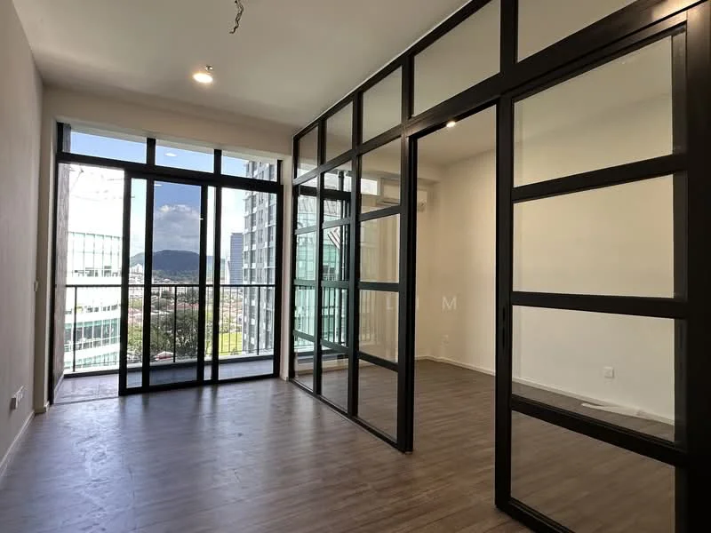 Room features: large glass windows, black framed glass partitions, wooden flooring, recessed downlights, neutral painted walls, city view through windows, open layout, natural light; style: modern; view: city.