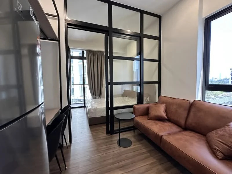 Living features: brown leather sofa, black side table, wooden flooring, floor-to-ceiling windows, curtains, glass partition, dining table with chairs, refrigerator; style: modern; view: city. Bedroom features: queen-size bed, bed frame, window with city view; style: modern; view: city.