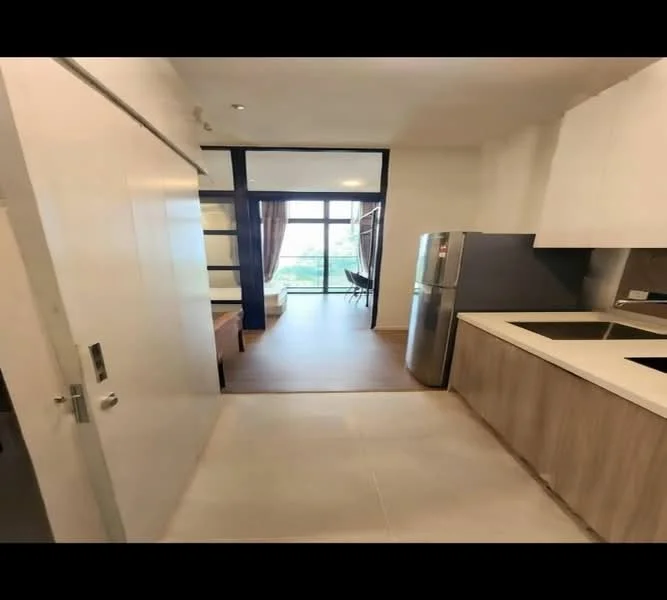 Kitchen features: white cabinets, grey countertop, single-bowl stainless-steel sink, chrome pull-down faucet, built-in refrigerator, tile flooring, open layout, wall-mounted cabinets; style: modern. Living features: floor-to-ceiling windows, wood flooring, dining table, chairs, curtains; style: modern; view: city.