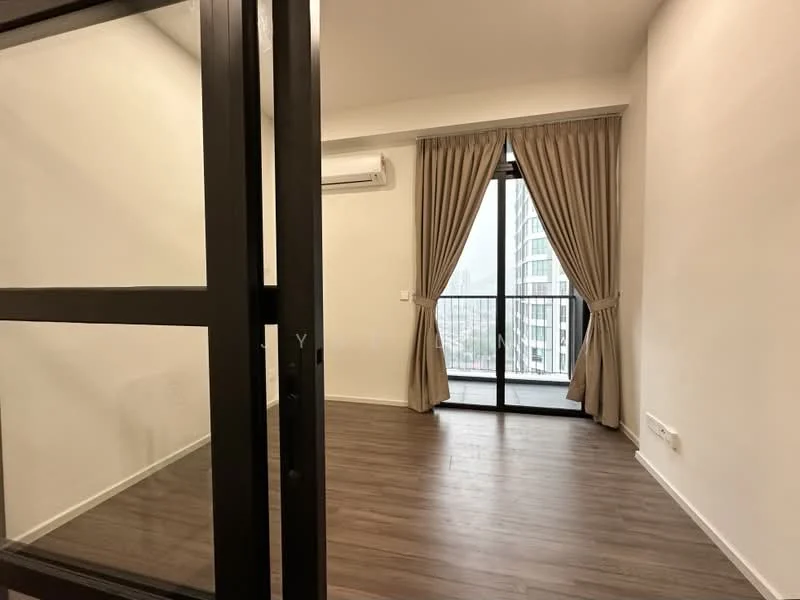 Room features: wooden flooring, white painted walls, floor-to-ceiling windows, curtains, wall-mounted split AC, balcony door, light-colored ceiling, neutral decor; style: modern; view: city.