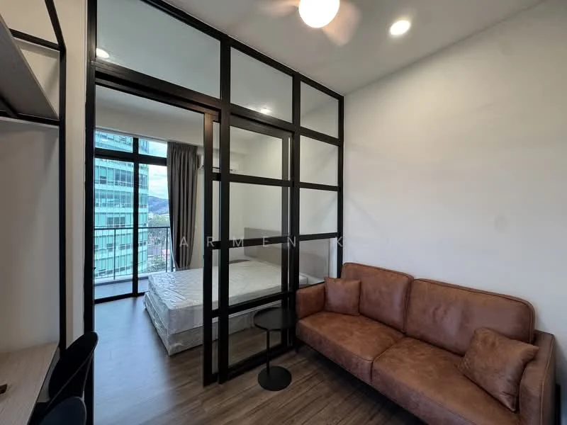 Living features: brown leather sofa, glass partition wall, wooden flooring, ceiling fan, wall-mounted desk, large window with city view, curtains, decorative wall light; style: modern; view: city. Bedroom features: queen-size bed, bedding, large window, curtains; style: modern; view: city.