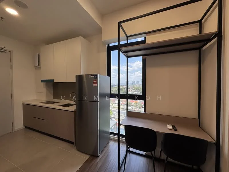 Kitchen features: white cabinetry, grey countertop, stainless-steel fridge, built-in stove, single-bowl stainless-steel sink, chrome pull-down faucet, wall-mounted microwave, open shelving, tile backsplash, floor-to-ceiling window, wooden flooring, study desk with black chairs; style: modern; view: city.