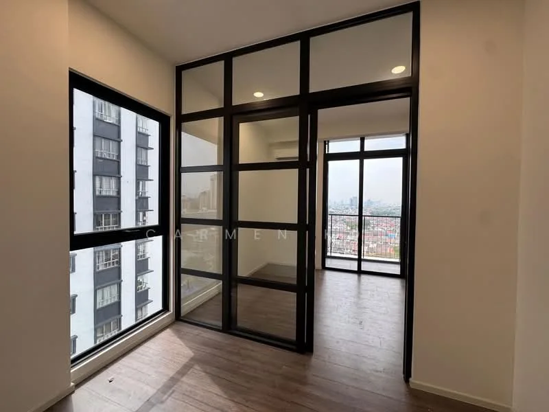 Room features: floor-to-ceiling windows, black framed glass partition, wooden flooring, neutral painted walls, city view, open layout, natural light, modern design; style: modern; view: city.