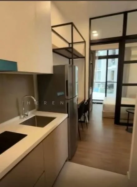Kitchen features: single-bowl stainless-steel sink, chrome pull-down faucet, white laminate cabinetry, black countertop, built-in refrigerator, induction cooktop, open shelving, wooden flooring, recessed downlights, floor-to-ceiling windows, view of living area; style: modern.