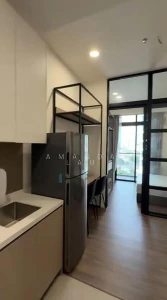 Kitchen features: single-bowl stainless-steel sink, chrome pull-down faucet, stainless-steel fridge, flat-panel white cabinets, light wood laminate countertop, open shelving unit, recessed downlights, vinyl plank flooring; style: modern. Room features: floor-to-ceiling windows, light wood laminate flooring.