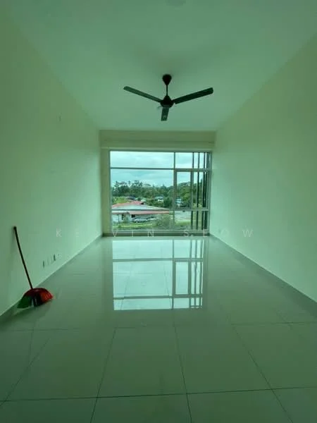 Living features: white painted walls, glossy ceramic tile flooring, 5-blade ceiling fan, floor-to-ceiling windows, city view, natural light, neutral color scheme, clean lines; style: modern; view: city.
