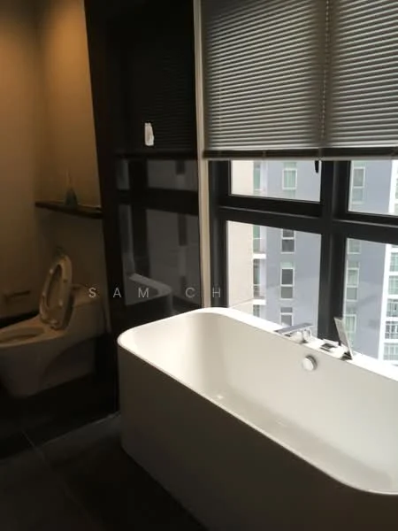 Bathroom features: freestanding bathtub, chrome faucet, large window with city view, toilet, dark tile flooring, grey walls, roller blinds; style: modern; view: city.