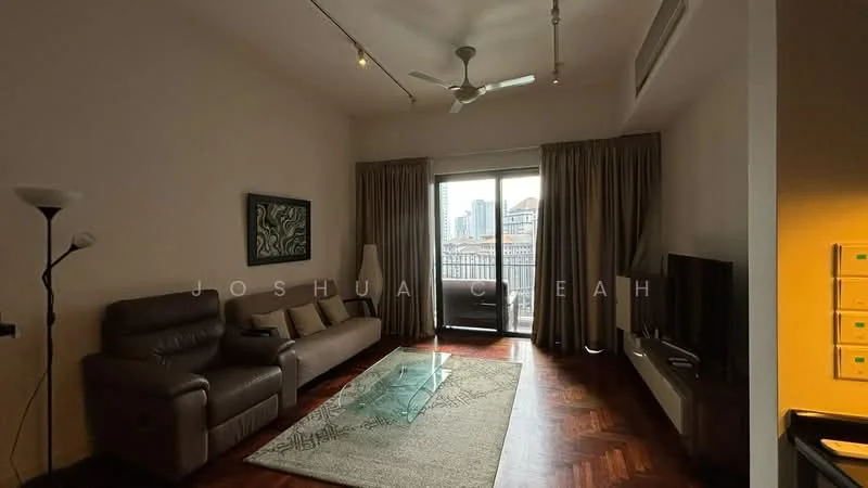 Living features: 3-seater leather sofa in brown, glass coffee table, area rug with geometric pattern, floor-to-ceiling windows, curtains in beige, wall-mounted TV, TV console, ceiling fan, wooden flooring, decorative artwork on wall; style: modern; view: city.