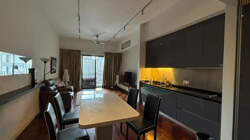 Kitchen features: black cabinetry, white countertop, stainless-steel sink, chrome pull-down faucet, built-in oven, 4-burner gas hob, recessed downlights, tile backsplash, open shelving, bar stools, dark wood flooring; style: modern; view: city. Living features: 3-seater brown leather sofa, coffee table, floor-to-ceiling windows, curtains, wood flooring; style: modern; view: city.