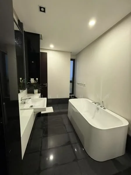 Bathroom features: freestanding bathtub, double-sink vanity with white cabinet, chrome basin mixer faucets, large wall mirror, black tiled flooring, white painted walls, recessed downlights, glass shower enclosure, window with city view; style: modern; view: city.