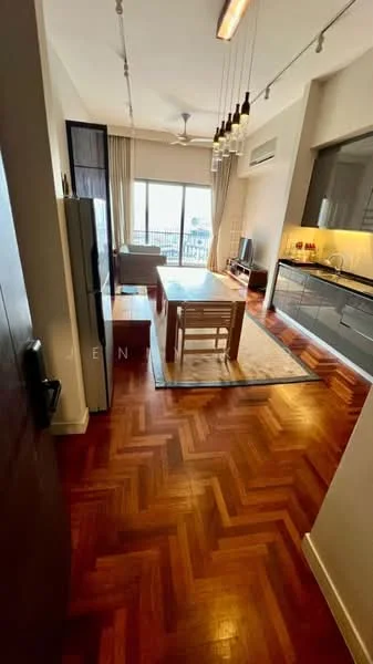 Living features: parquet wood flooring, 5-blade ceiling fan with light, floor-to-ceiling windows, sliding glass door, dining table for 4, grey fabric sofa, TV console, wall-mounted TV, recessed LED downlights, kitchen island with bar stools, white cabinetry, black countertop, stainless-steel fridge, decorative rug; style: modern; view: city.